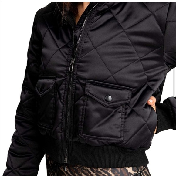 Good American cropped satin quilted puffer jacket black small 2 - Picture 3 of 8